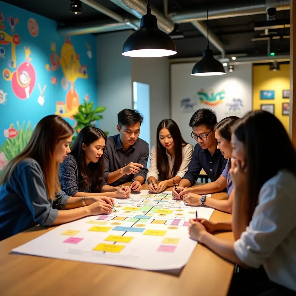 A team member pointing at a large screen displaying the automation roadmap.